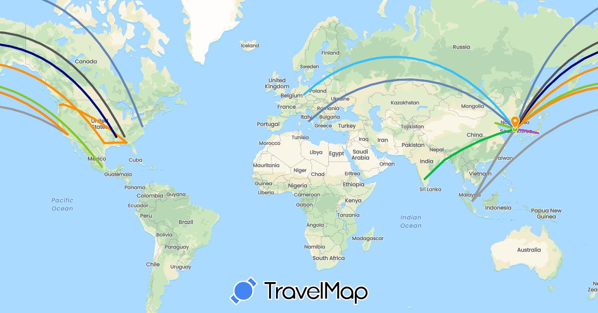 TravelMap itinerary: driving, bus, plane, cycling, train, hiking, boat, hitchhiking, motorbike, electric vehicle in China, Germany, India, Italy, Japan, South Korea, Mexico, Singapore, United States (Asia, Europe, North America)